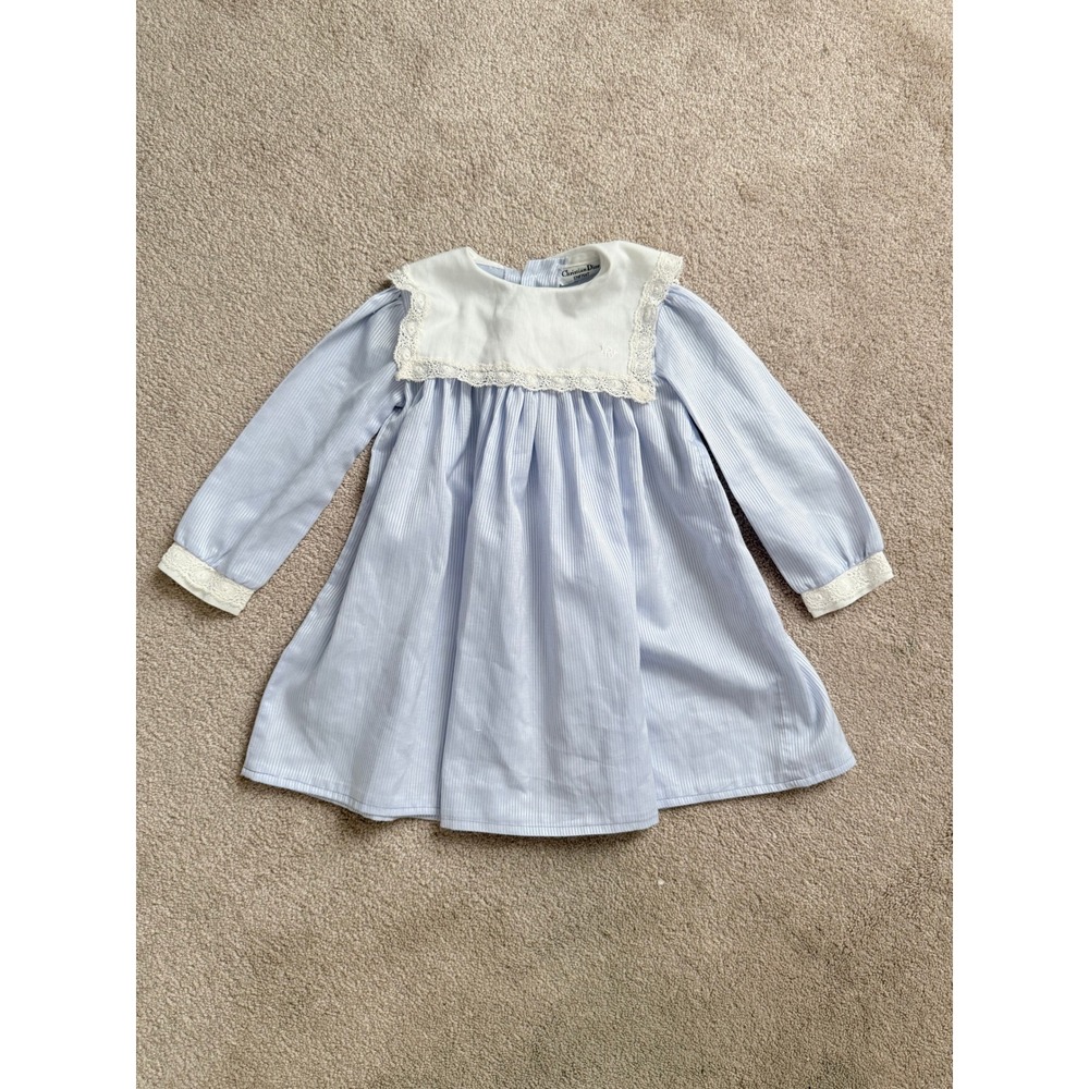 Vintage Christian Dior Enfant Blue Pinstripe Lace Collar Dress NWT 2T Heirloom
